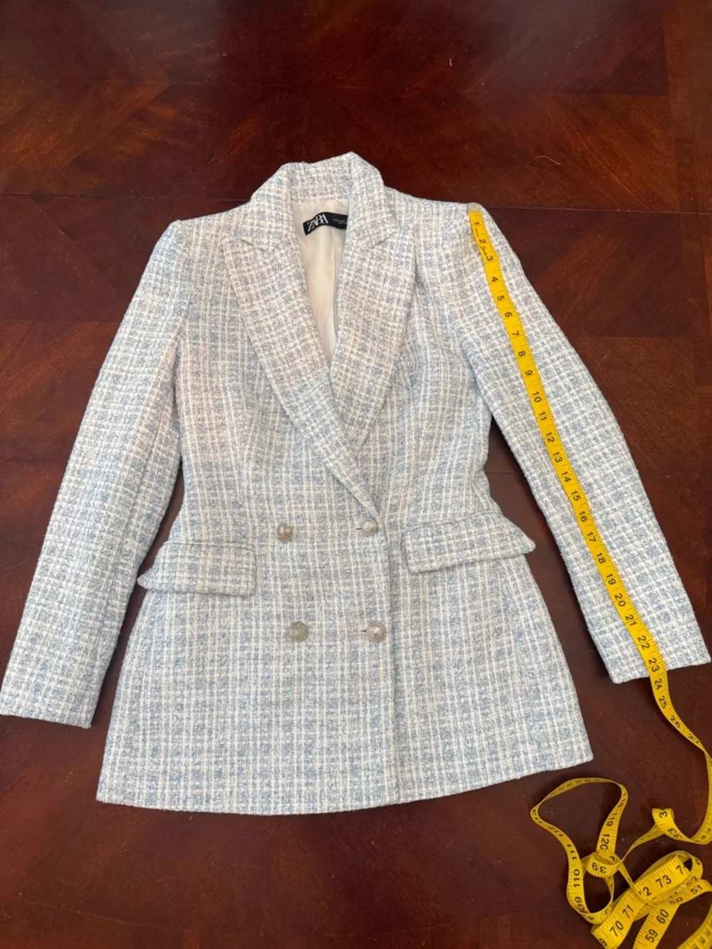 Zara Light Blue and Cream Tweed Double-Breasted Blazer
